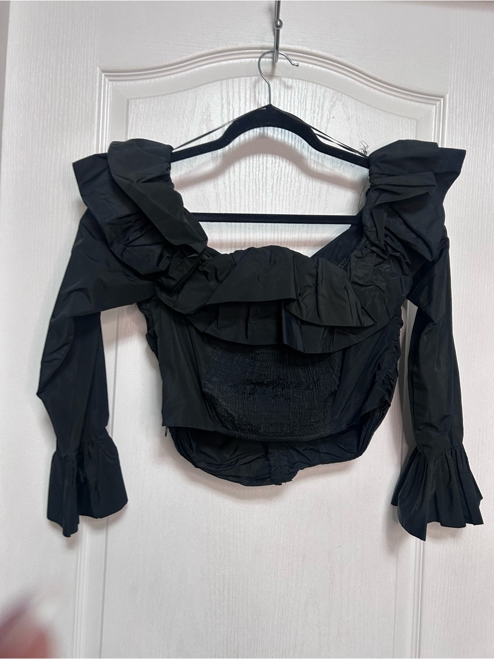 Zara Black Ruffled Off-Shoulder Ruched Crop Top - Picture 2 of 8